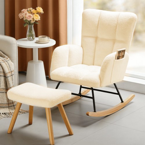 CloudRest Pro Oversized Nursery Rocking Chair with Ottoman, Cozy Accent Chair for Nursery/Bedroom/Living Room, Beige