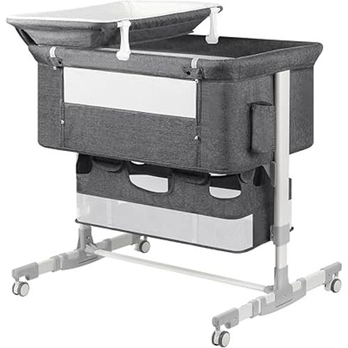 Baby Bassinet Bedside Sleeper with Diaper Changing Station + Mosquito Net + 16gallon Capacity Storage, Adjustable & Portable Bassinet Cosleeping Baby Bed (Grey)