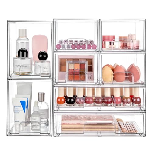 Vtopmart Stackable Storage Drawers Set of 8, Clear Plastic Organizer Bins for Bathroom Supplies,Ideal for Cabinet,Pantry,Laundry Room Organization