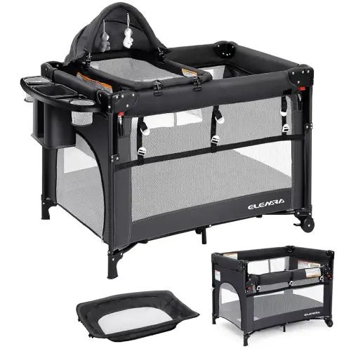 ELEMARA 5 in 1 Pack n Play,Adjustable Baby Bassinets Bedside Sleeper with Mattress,1-Step Opening Foldable Nursery-Center Toddler Playpen,Changing Table,Ziper Door/Baby Crib,Travel Carry Bag,Dark Grey