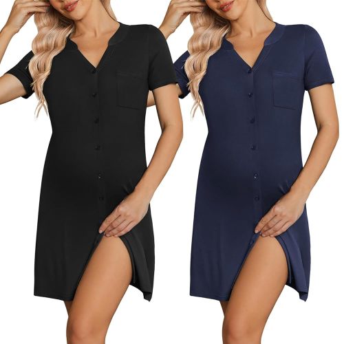 Ekouaer 2 Pack Maternity Nightgown Button Down Nursing Gown 3 in 1 Breastfeeding Sleepwear V Neck Short Sleeve Delivery Dress