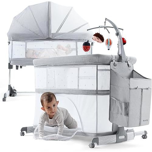 5 in 1 Baby Bassinet Bedside Sleeper, besrey Playpen with Bassinet & Baby Cradle, Adjustable Bedside Crib Bassinet for Newborn Infant with Mobile Toy Hanger, Hanging Diaper Bag, Mosquito Net, Mattress