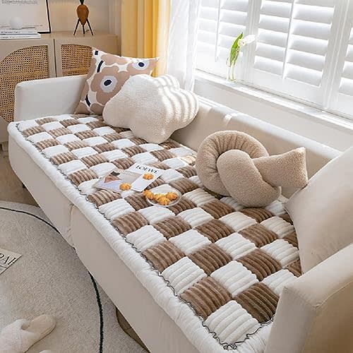Funny Pet Couch Covers for Sofa Plush Checker Couch Cover for 3 Cushion Couch Sofa Pet Friendly (Cream Dark Coffee,70x210 cm/27.6x82.7 in)