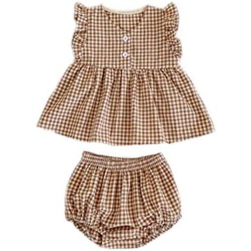 FullGood Newborn Baby Girl Plaid Ruffle Romper Jumpsuit Summer Outfit Top And Bottom Set Dresses