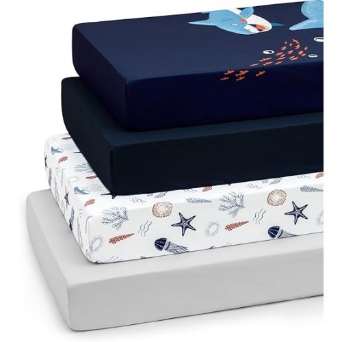 PHF 4 Pack Soft Shark Crib Sheets Fitted, Comfy Breathable Baby Sheets for Boys Girls, 28x52 Inches Fits Standard Crib and Toddler Mattresses, Shark