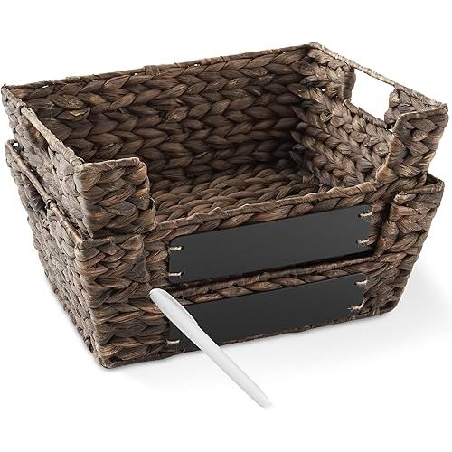 Casafield Set of 2 Water Hyacinth Pantry Baskets with Handles, Chalkboard Labels, and Marker - Espresso, Wide Woven Storage Bin Organizers for Kitchen Shelves