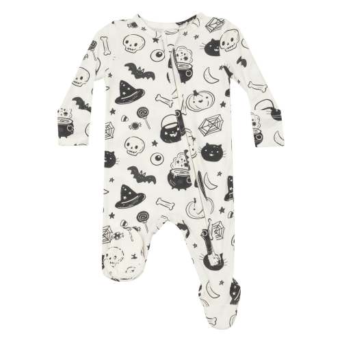 Bamboo 2 Way Zipper Footie - Black and White Halloween - Ivory | The Baby Cubby