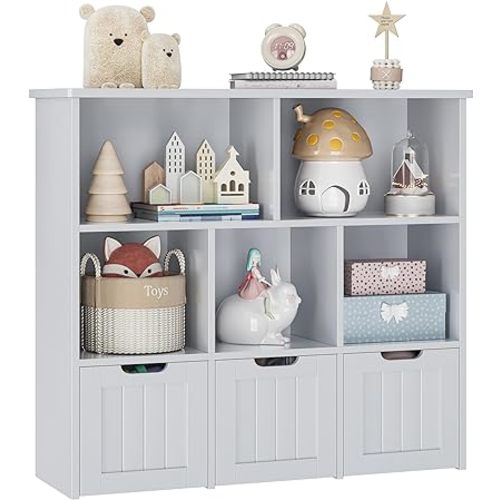 FOTOSOK Toy Storage Organizer with 3 Movable Drawers, Floor Storage Cabinet Toy Chest with Hidden Wheels and 5 Storage Cubbies, Multifunctional Storage Chest for Playroom, Grey