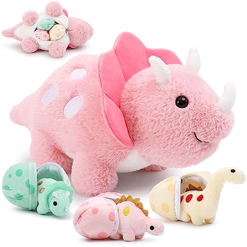 Karister Plush Dinosaur Stuffed Animals,A Pink Mommy Dinosaur with 3 Baby Dinosaurs,Triceratops, Tyrannosaurus Rex and Diplodocus.