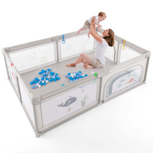 COSTWAY Large Baby Playpen With Pull Rings Ocean Balls and Cute Pattern-Whale