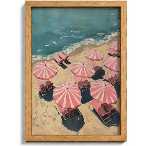 Framed Pink Beach Umbrella Canvas Wall Art,Coastal Umbrellas Wall Decor