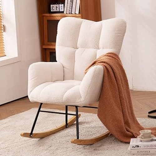Nursery Rocking Chair Teddy Fabric Padded Seat with High Backrest and Armrest Accent Chair Upholstered Armchair Single Sofa Accent Glider Rocker for Living Room Bedroom Offices (Ivory Teddy)