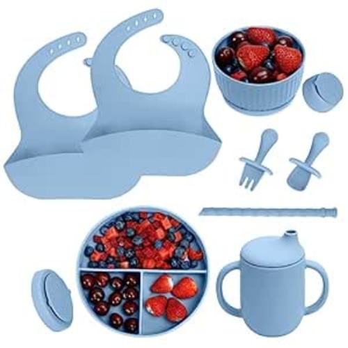 Amazon.com: Baby Led Weaning Supplies - Silicone Baby Feeding Set - Suction Bowl Divided Plate Straw Sippy Cup - Toddler Self Feeding Eating Utensils Dishes Set with Bibs Spoon Fork - 6 Months : Baby