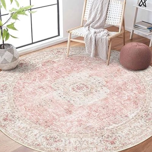 Pink Round Rug 6ft,Large Circle Area Rugs for Bedroom Living Room,Washable Boho Vintage Bohemian Distressed Oriental Floral Carpet Non Slip,Blush