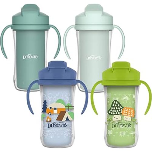 Dr. Brown's Milestones Insulated Sippy Cup with Straw and Handles, Spill-Proof Tumbler with Lid, 4-Pack, Green/Blue/Green/Green, 10 oz/300 mL, BPA Free, 12m+