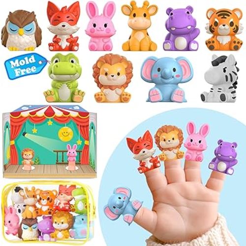 Oriate Safari Animal Finger Puppets Bath Toys, Story Time Puppets Toys with Pretend Play Stage, Toddler Bath Toy with Storage Bag, Mold Free Travel Party Favors Easter Basket Stuffers 12m 10Pcs