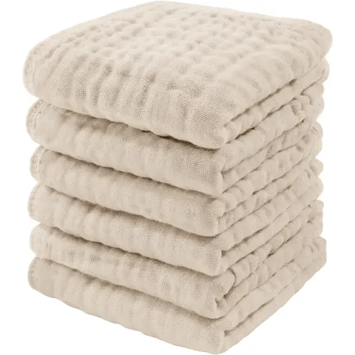 Baby Washcloths Set, Muslin Cotton Baby Towels, Large 10”x10” Wash Cloths Soft on Sensitive Skin, Absorbent for Boys & Girls, Newborn Baby & Toddlers Essentials Shower Registry Gift (Sand, Pack of 6)