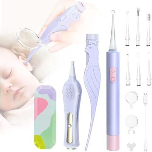 Manmihealth Ear Wax Removal Kit with 2 LED Lights,12 Pack Invisible Earwax Cleaner Tool with Magnifying Glass for Kids and Adults, Built-in USB Ear Wax Removal Tool with Storage Box(Purple)