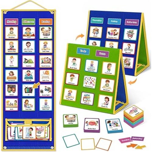 Godery Large Visual Schedule for Kids Chore Reward Chart,Bedtime Routine Chart for Toddlers,Double Side Weekly Planner Board with 109 Cards for Home School Planner,Autism Learning Materials.