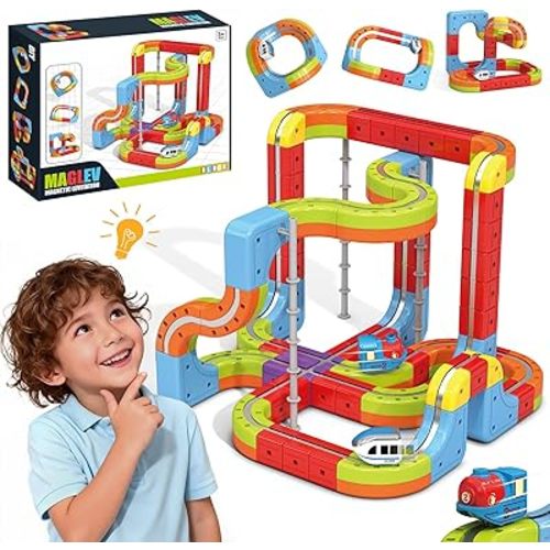 YESHIN Electric Train Set 3D Gravity-Defying Magnetic Train for Kids 3-12, DIY Modular Reconfigurable Race Cube Track Kit, STEM Educational Building Toy for Boys Girls Birthday (88pcs)