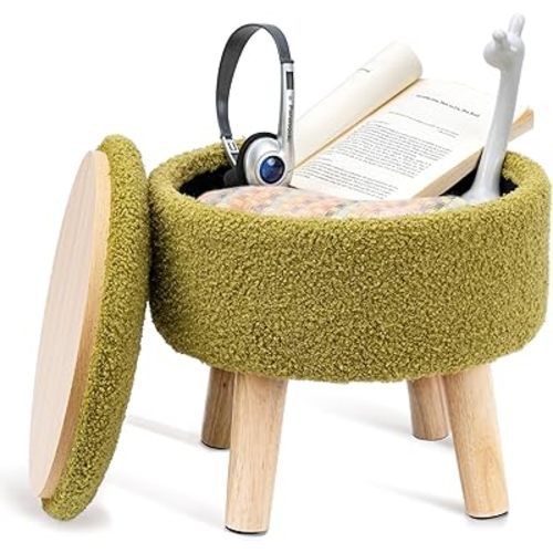 Poofzy Small Ottoman with Storage, Small Foot Stool Ottoman with Wood Legs, Sherpa Foot Rest for Couch, Living Room and Bedroom - Olive Green