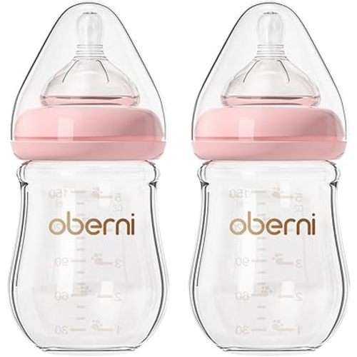 Oberni Anti-Colic Glass Baby Bottle, 5oz/150ml with Natural Response Slow Flow Beast-Like Nipple for 0-3 Months Newborn Babies Milk Feeding, Pink/2 Pack