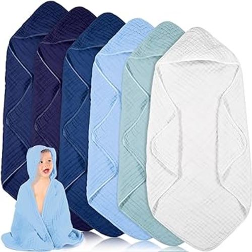 Peryiter 6 Pcs Muslin Hooded Baby Towels,32"x 32" Cotton Newborn Bath Towel Muslin Infant Baby Towels Absorbent Unisex Hooded Blankets,Newborn Registry Gift Christmas Baby Gift for Girls Boys(Blue)