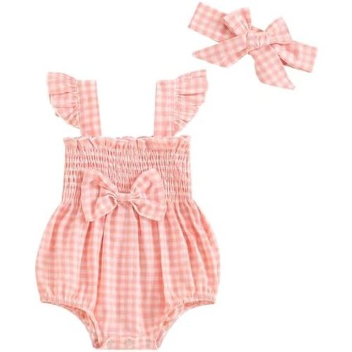 Infant Newborn Baby Girl Summer Outfit One Piece Smocked Romper Ruffle Sleeve Plaid Playsuit Headband 3 6 9 12 18M