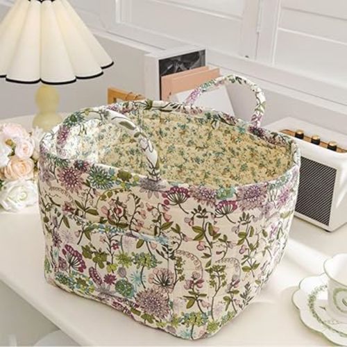Quilted Fabric Storage Basket Boho Floral Laundry Hamper with Handle Foldable Floral Basket Organizer for Car Bedroom