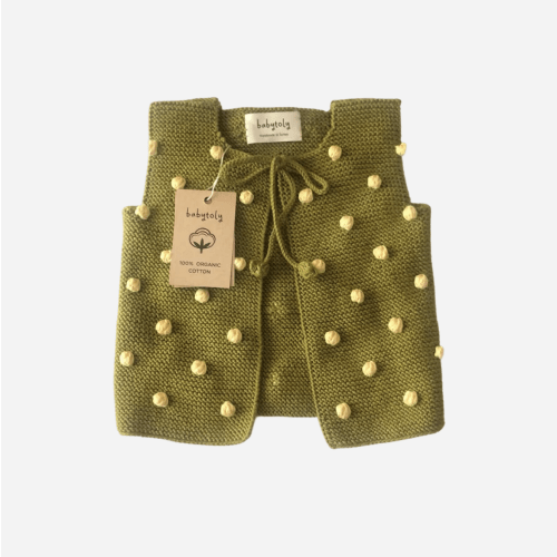 Hand Knitted Baby Popcorn Vest — 100% Organic Cotton | 3-6 Months, Olive/Canary
