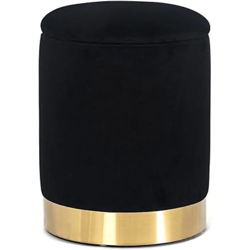 Joveco Round Storage Ottoman Footrest with Removable Lid, Velvet Upholstered Footstool with Gold Plating Base for Living Room Bedroom (Black)