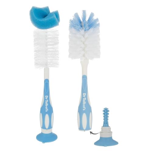 Dr. Talbot’s Bottle and Nipple Brush, Soft Nylon Bristles, Sponge Top, Handle with Suction Base, 2 Pack, Blue