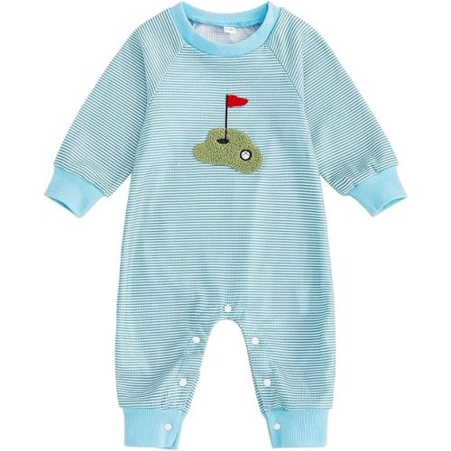 Infant Baby Boy Golf Outfit Crew Neck Embroidery Golf Cart Romper Jumpsuit Patchwork Long Sleeve One Piece Playsuit