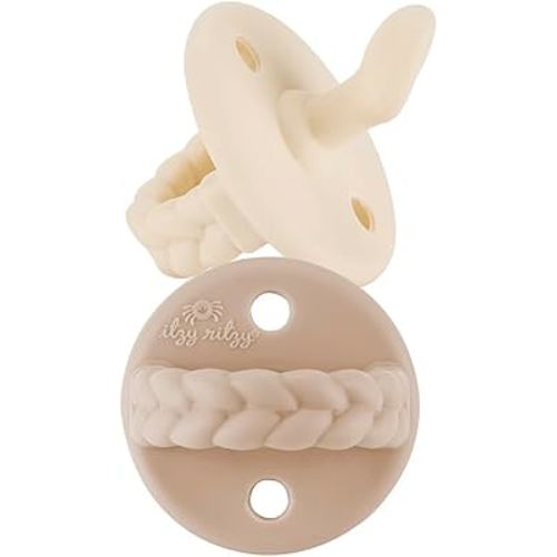 Itzy Ritzy Silicone Orthodontic Pacifiers - Itzy Soother Pacifiers with Collapsible Handle & Two Air Holes for Added Safety, Baby Pacifier For Ages 6 -18 Months (Buttercream & Toast)