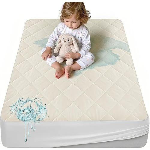Lofe Organic Cotton Crib Mattress Protector - Top&Side Waterproof, 100% Waterproof Crib Mattress Protector, Breathable Baby Crib Mattress Cover, Toddler Crib Mattress Fitted 52x28x9 in