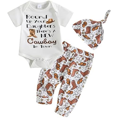 SAYOO Western Newborn Baby Boys Cowboy Outfits Cow Print Letter Bodysuit+Long Leggings+Cap 3pcs Infant Boy Country Clothes