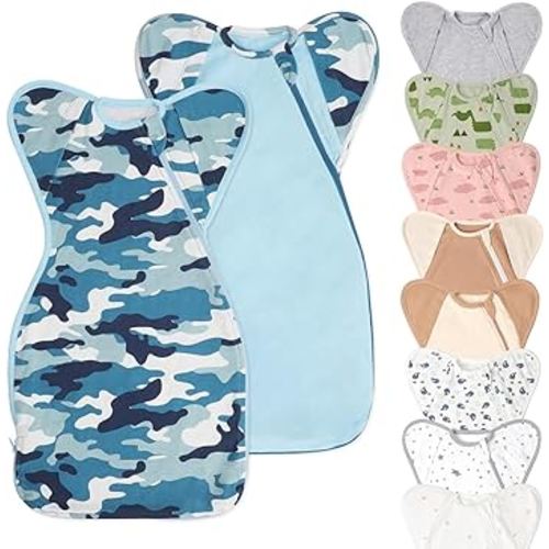 Swaddle Blanket Sleep Sack with Arms Up Design 2 Packs, Hands Up Sleeping Sack 3-Way Transitions to Arms-Free Wearable Sleeping Bag for Newborn Baby Boys Girls Snug Fit Calms Startle Reflex