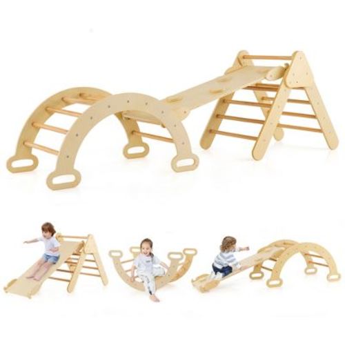 Costway 3-in-1 Kids Climber Set Toddler Wooden Play Arch With Sliding And Climbing Ramp : Target