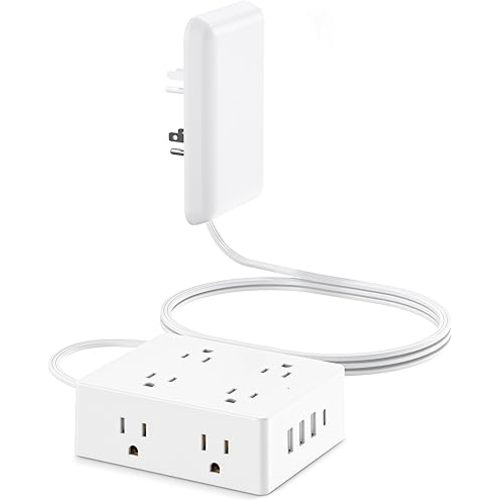 Flat Extension Cord with Outlet Cover, Olcorife Flat Plug Power Strip with 8 Outlets and 4 USB Ports, 2000 Joules Surge Protector, 5 FT Cord Hidden Outlet Extender for Tight Spaces