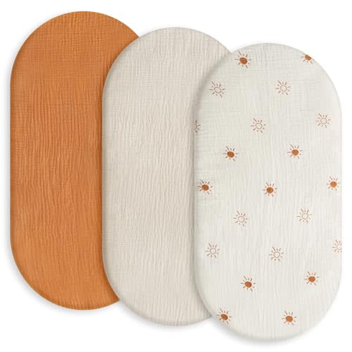 Gllquen Baby Muslin Bassinet Sheets 3 Pack, Breathable Elastic Cozy Fitted Cotton Bassinet Mattress Sheet for Baby Boy Girls, Fit for Hourglass Oval Rectangular Cradle Pad Sheets 33"X17" (Sunshine)