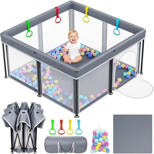 Foldable Baby Playpen: 50"×50" Playpen for Babies and Toddlers Portable Setup Baby Play Pen with Mat Indoor Outdoor Safety Fence Play Yard Kids Play Area with Storage Bag 50 Ocean Balls 4 Handlers