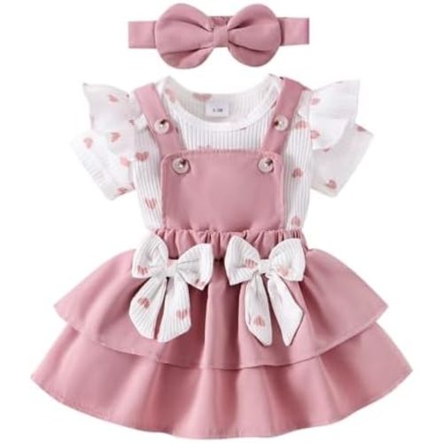 Baby Girl Clothes Newborn Romper Love Heart Print Short Sleeved Ruffled Bow Skirt Headband Outfits Set 0-18 Months