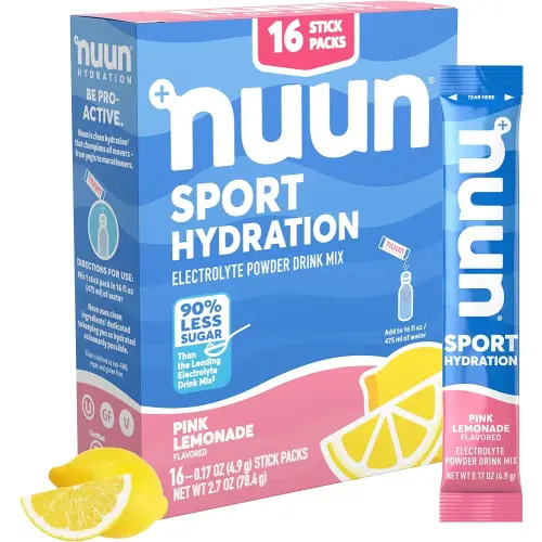 Nuun Sport Electrolyte Powder Packets - Pink Lemonade Flavor | 5 Essential Electrolytes for Hydration | Easy Open Drink Mix with Magnesium | 1g Sugar | Non GMO, Vegan | 16 Single Serving Sticks