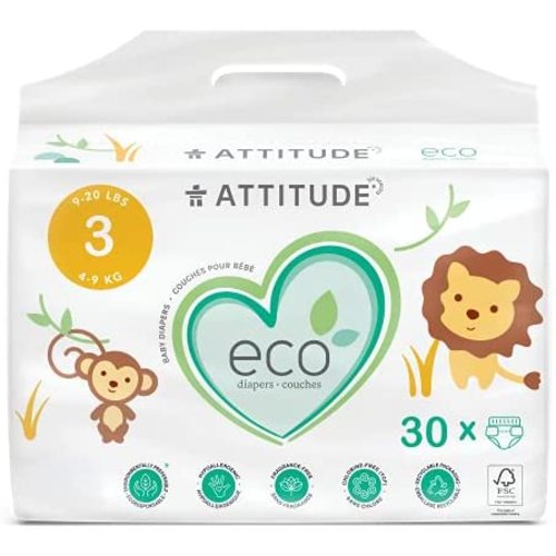 ATTITUDE Natural Diapers, Non-Toxic, Eco-Friendly, Safe for Sensitive Skin, Chlorine-Free, Leak-Free & Biodegradable Baby Diapers, Plain White (Unprinted), Size 3 (9-20 lbs), 30 Count (16230)