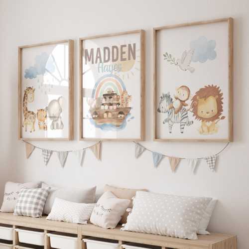 Nursery Wall Art, Noah's Ark, Watercolor Nursery Decor, Baby Crib Bedding, Personalized, Rainbow, Ocean Room Decor, Toddler, Jungle