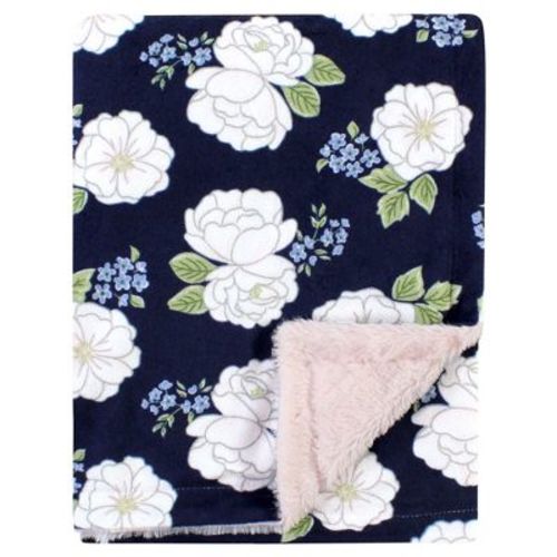 Hudson Baby Infant Girl Plush Blanket With Furry Binding And Back, White Peonies, One Size