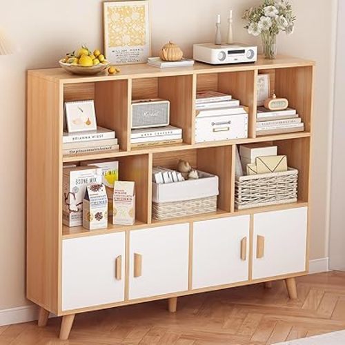 Cubby Shelf Bookcase with Doors - Wooden 11 Cube Floor Standing Open Bookshelf with Solid Wood Legs, 3-Tier Storage Cabinet, Oak and Warm White