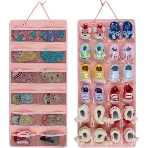 Baby Shoe Organizer for 12 Pairs of Boys Girls Baby Shoes, Double Sided Baby Shoe Organizer with Multiple Pockets(No Accessories Included) (Pink)