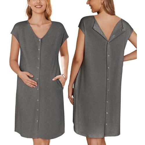 Ekouaer Labor/Delivery/Hospital Gown Nursing Nightgown Maternity Sleepwear With Pockets Postpartum Gowns with Button S-XXL