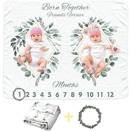 Twins Baby Monthly Blanket for Girls boy, Newborn Month Blanket, Soft Flannel Photography Background Prop Blanket, Personalized Shower Gift, Boho Flower Leaf
